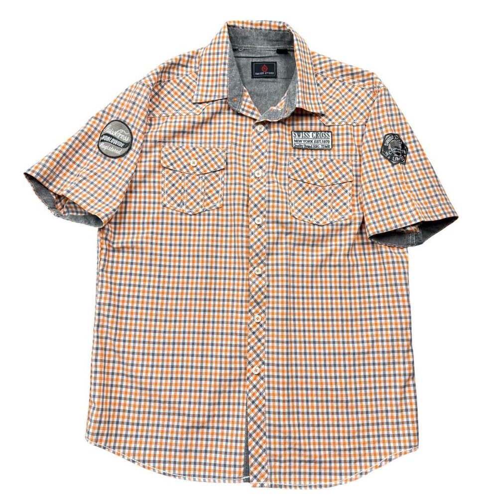 Swiss Cross‎ Logo Patch Shirt Check Short Sleeve Mens L Hipster Western Utility
